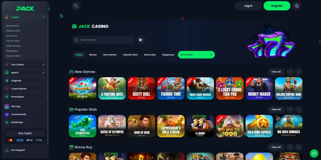 JACK Casino homepage showing crypto deposit options and sportsbook navigation
